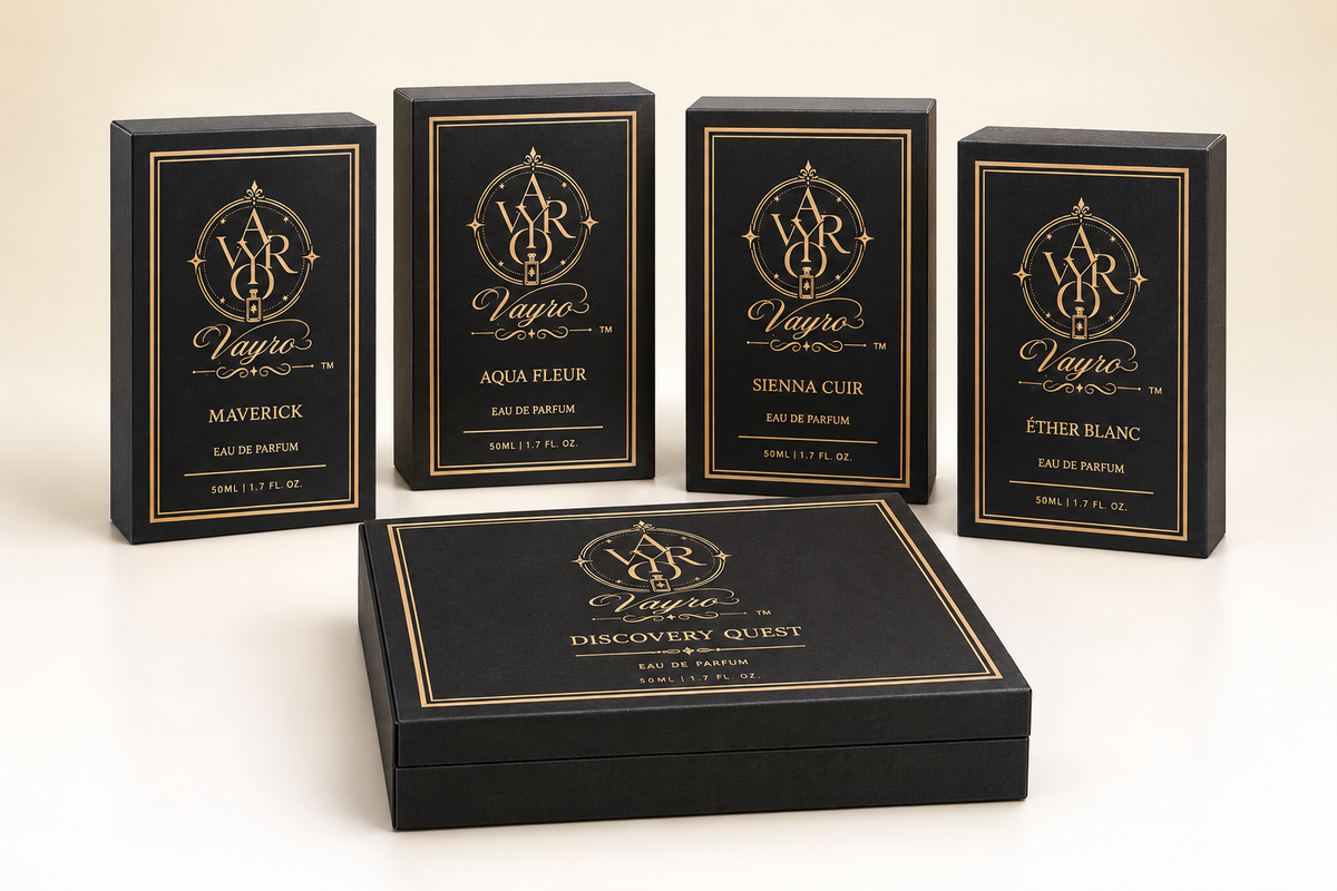 Four Vayro perfume boxes with the Discovery Quest box