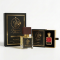 Sienna Cuir 50 ml perfume and ruby-red Vayro Rare 10 ml attar with their packaging on white