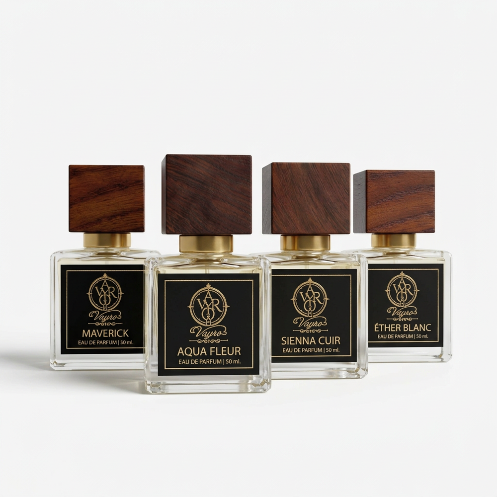 Mega Pack with four Vayro perfumes in a staggered studio arrangement